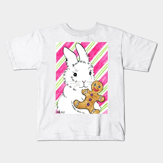 2013 Holiday ATC 5 - Bunny with Gingerbread Man Kids T-Shirt by ArtbyMinda